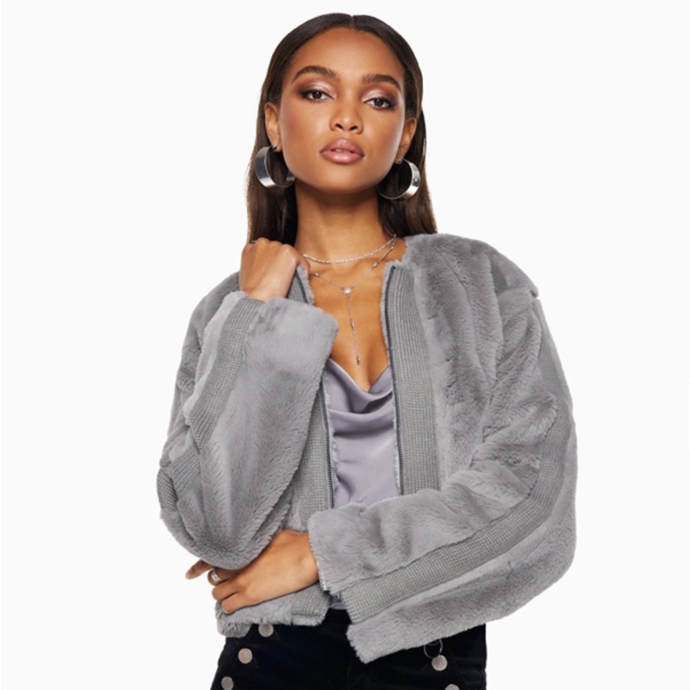RAMY BROOK Fur Cropped Jacket Grey Like NEW